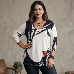 Misslook Graphic Print Top - Pop Art Lips - Black/White/Red - Plus Size 3X